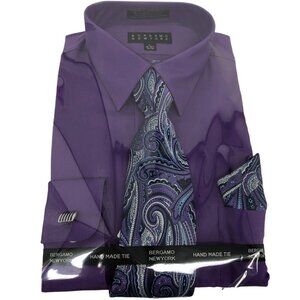 NWT Bergamo New York Purple Regular Fit Button Down Dress Shirt w/ Tie 16-16.5 L